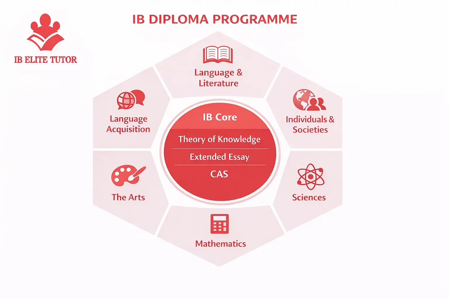 A clear diagram illustrating the IB Diploma Programme hexagon, including the six subject groups and the core components of TOK, EE, and CAS for Shanghai international students.