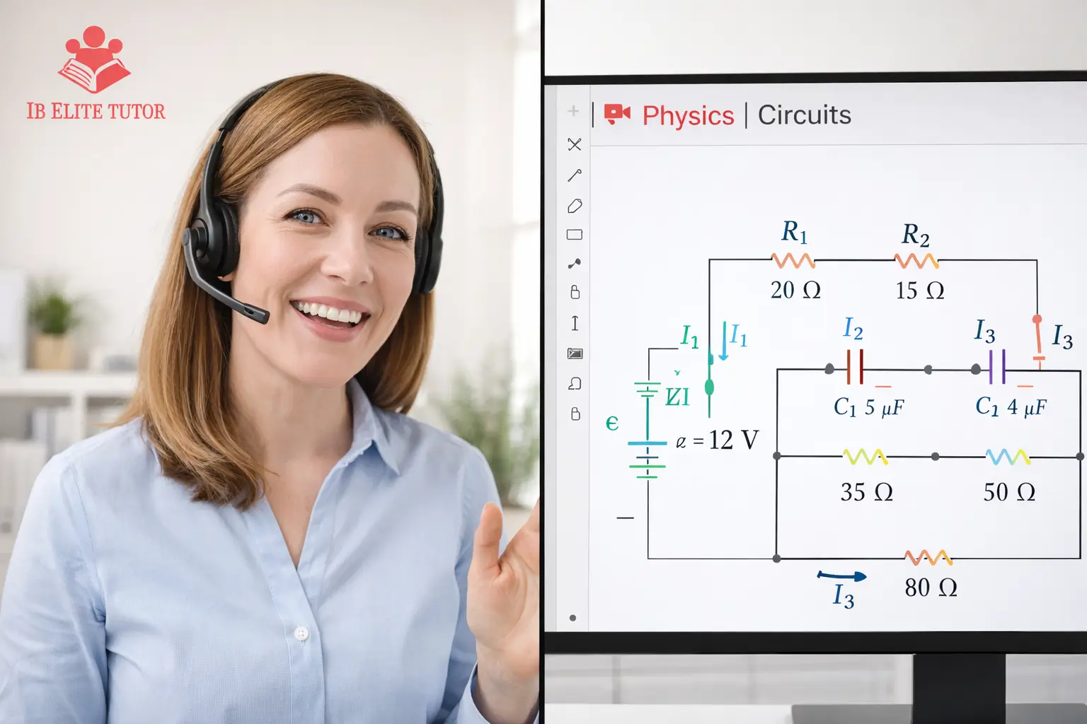 A high-resolution photo of a private 1-on-1 online tutoring session for IB Physics featuring a digital whiteboard and real-time educator feedback.